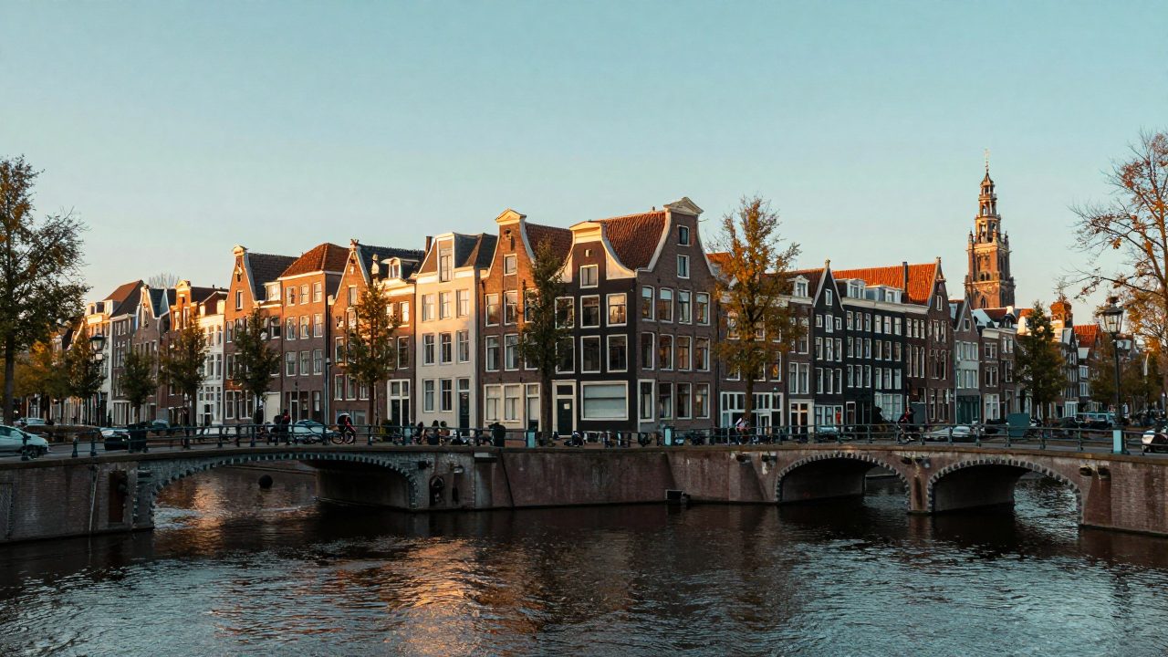 Amsterdam East viewed from canal bridge in evening light