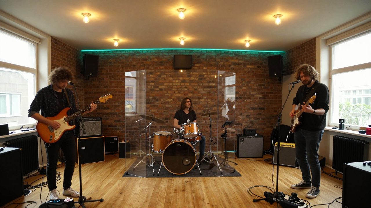 Band speelt live in studioruimte met drum-iso en versterkers