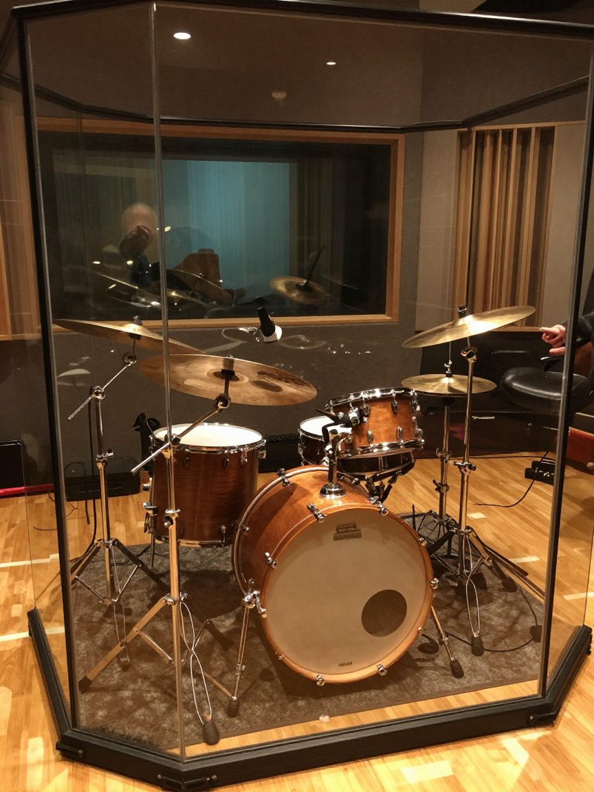 Drum kit in glass iso booth with microphones and floor tape marks