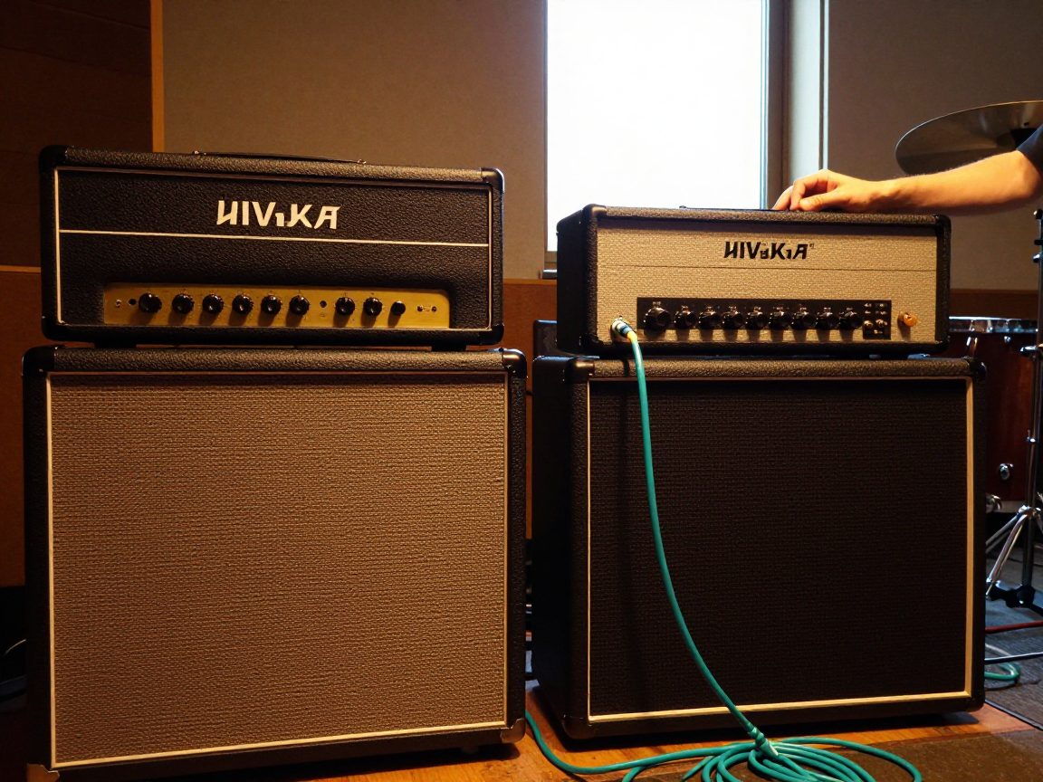 Guitarist comparing two amps with microphone on speaker cabinet