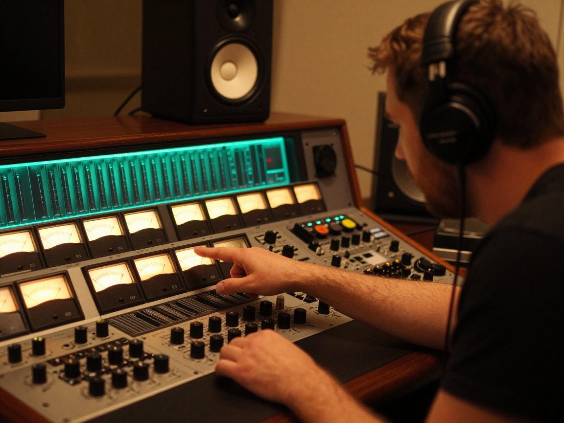 Engineer shows meter during mastering while client listens on headphones
