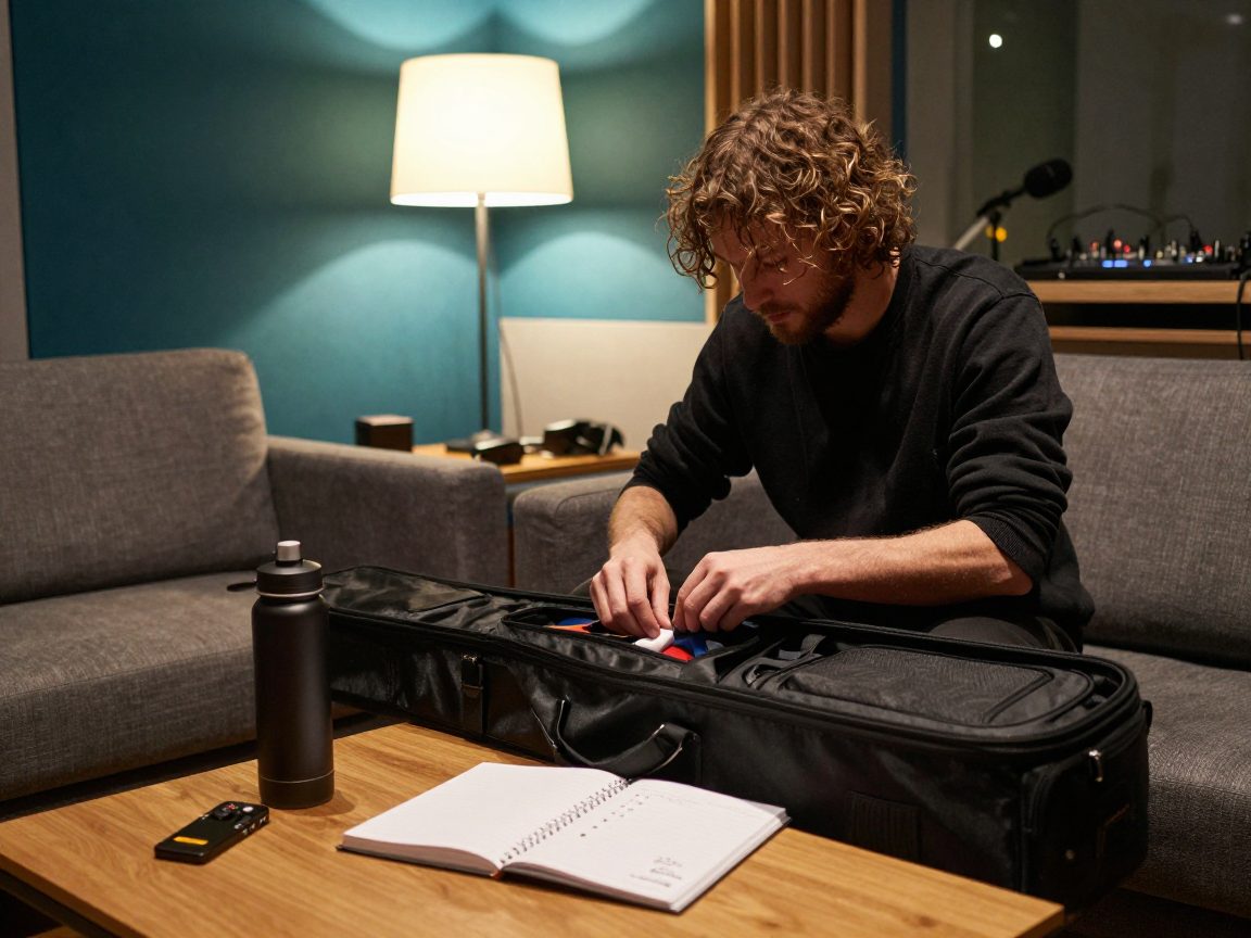 Musician packing gear for studio day with engineer in background