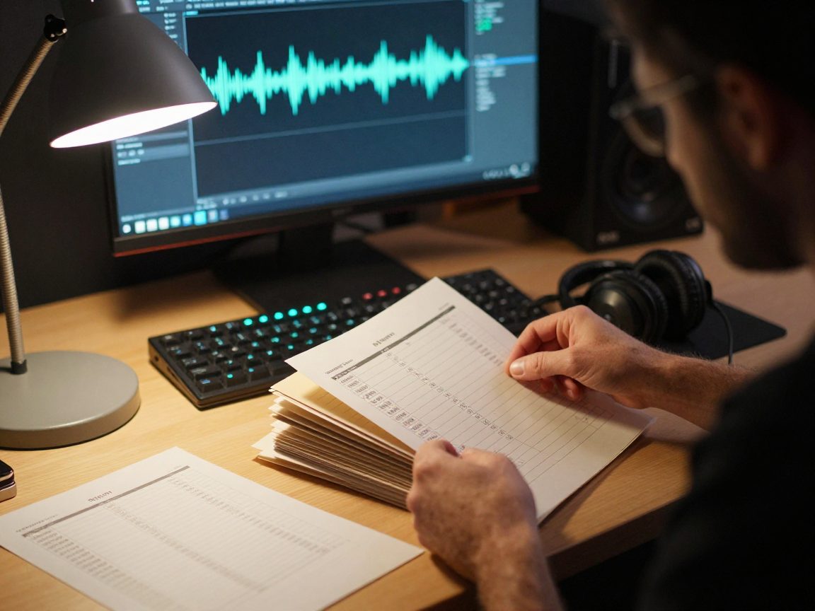 Producer sorting audio folders and SSD for mix delivery