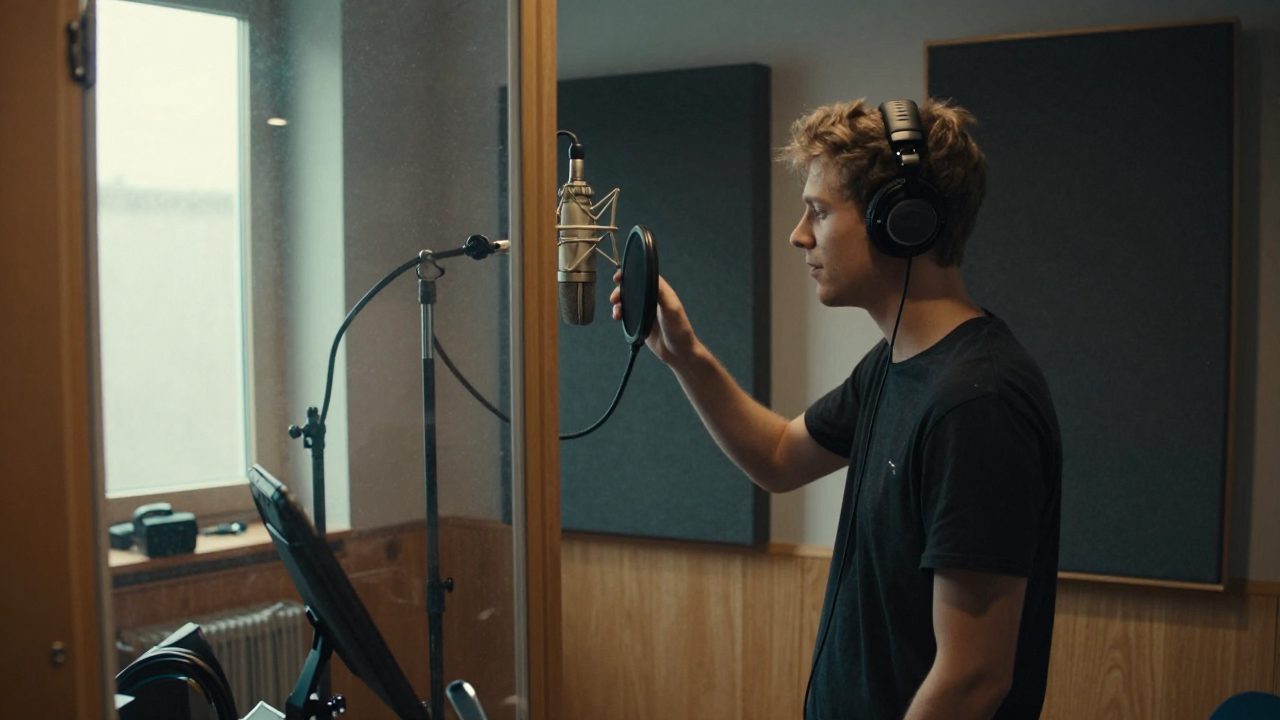 Singer in iso booth with engineer and microphone in Amsterdam studio