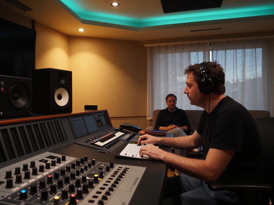 Mastering-engineer luistert op grote monitors met klant op bank