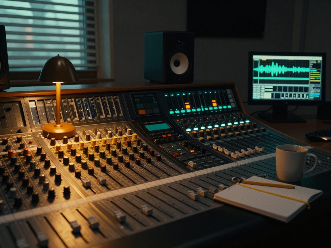 Mix-engineer aan console met monitors en rack in control room