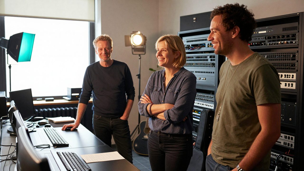 Three team members standing informally in the studio control room