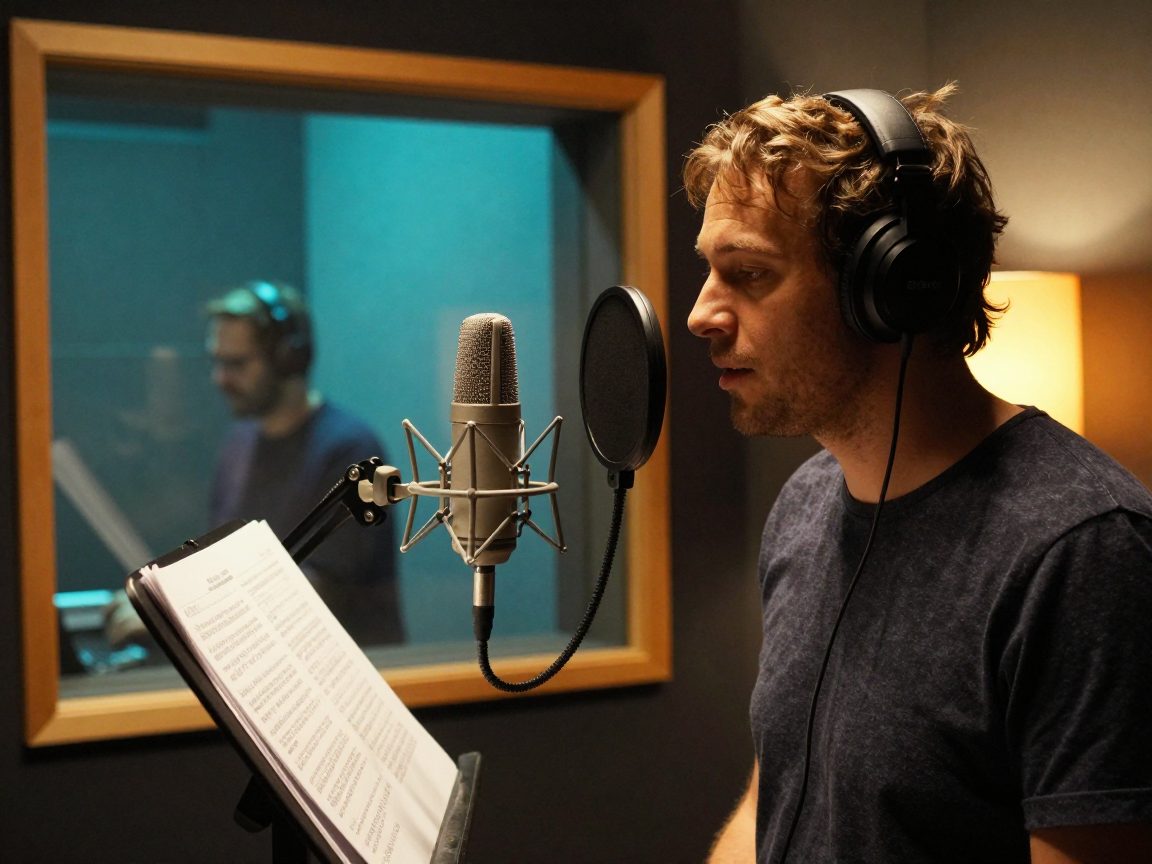 Gesproken opname in vocal booth met popfilter en lyric sheets