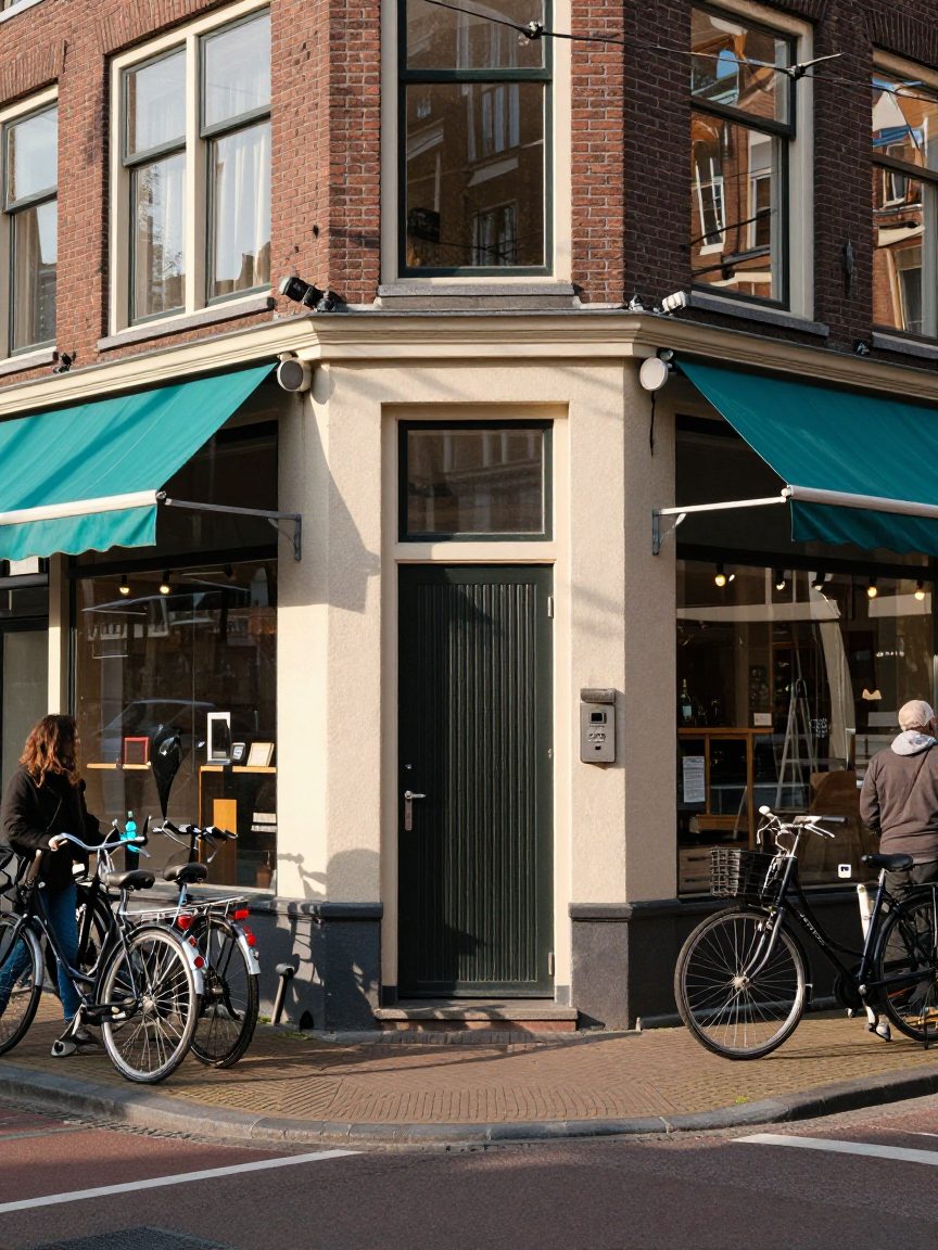 Studiogevel aan drukke Amsterdamse straat met fietsen en tramdraden